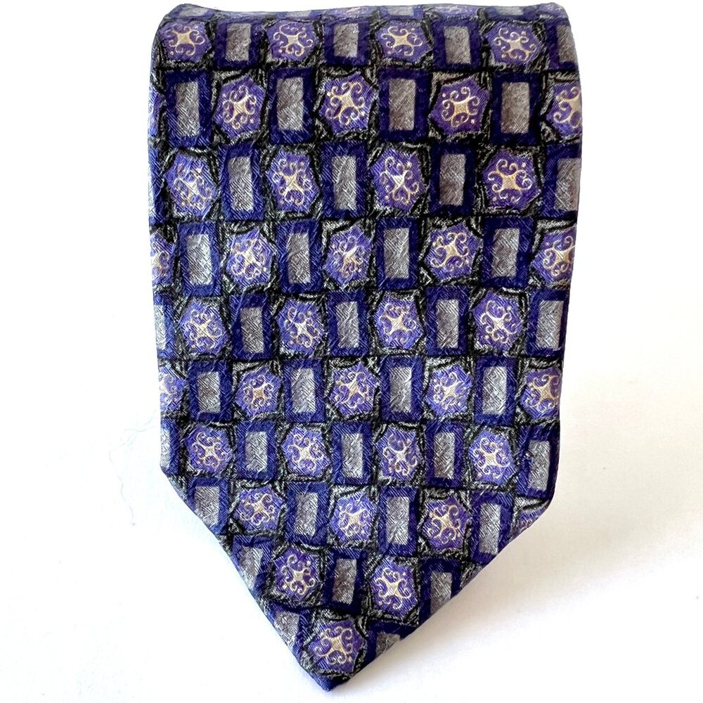 Geoffrey Beene Silk Neck Tie, Purple, Black and Gold, Excellent Condition!